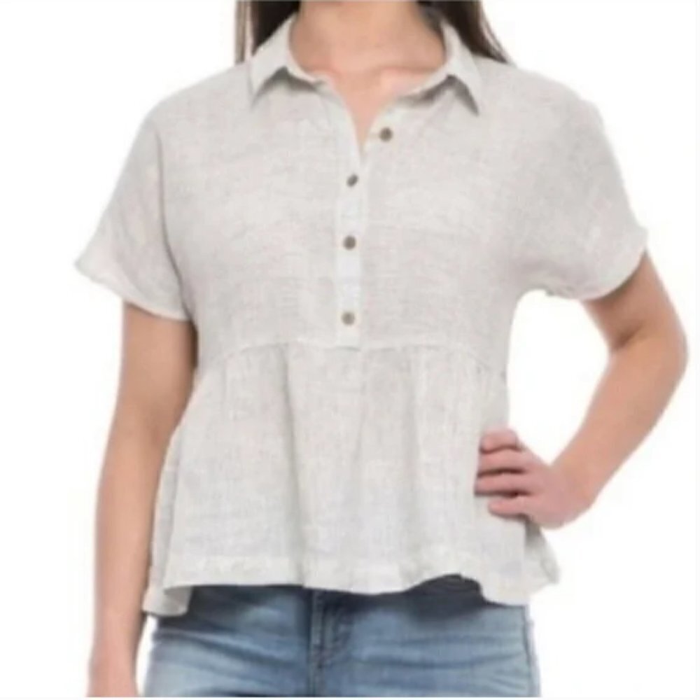 Catherine Malandrino Linen Button Up Collared‎ Lagenlook Babydoll Top L 146C